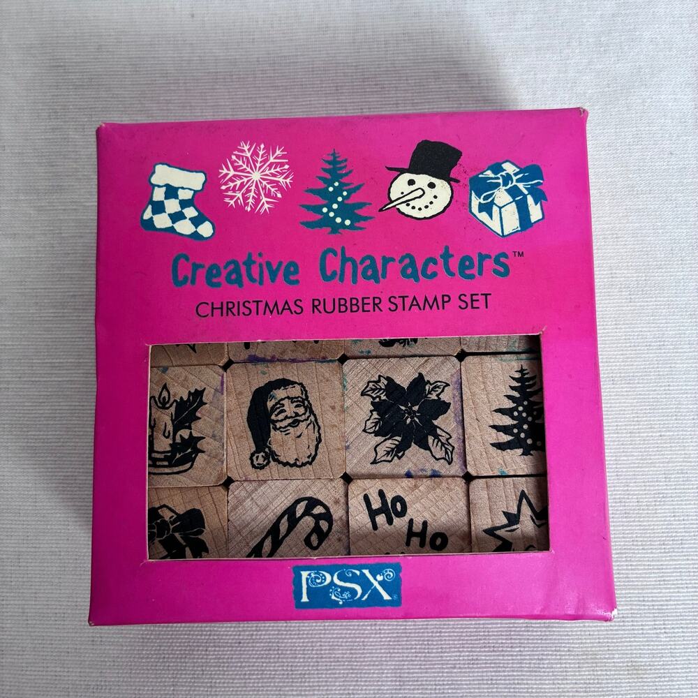 Vintage PSX Creative Characters Christmas Rubber Stamp Set SK573 Wood 16 PC 2003